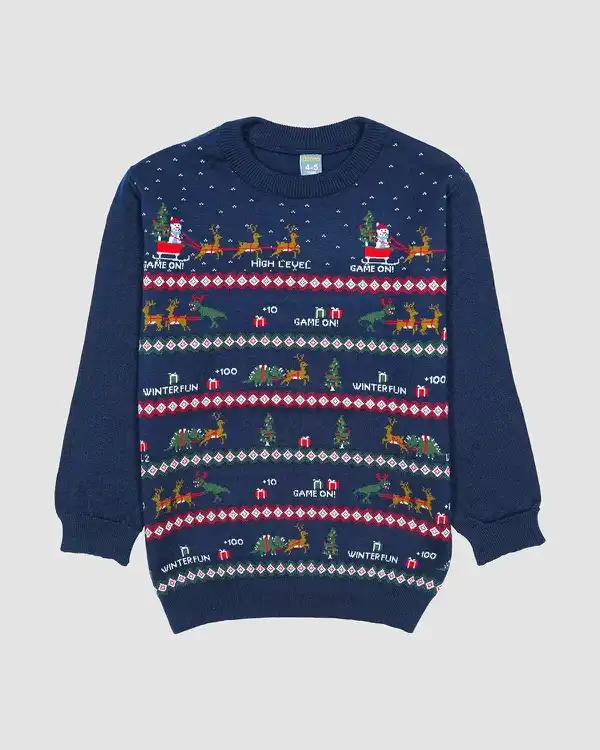 پلیور بافت پسرانه بانی نو طرح یقه گرد سورتمه سرمه ای