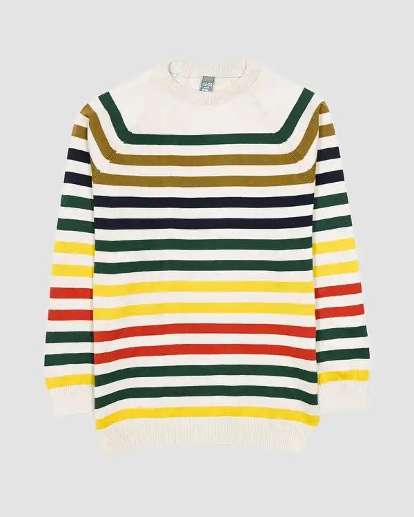 پلیور بافت پسرانه بانی نو طرح یقه گرد راه راه کرم