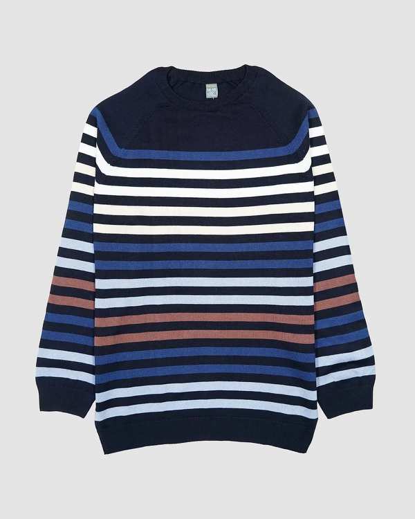 پلیور بافت پسرانه بانی نو طرح یقه گرد راه راه سرمه ای