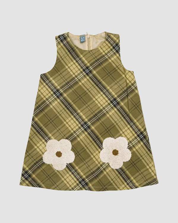 پیراهن دخترانه بانی نو طرح چهارخانه دو گل کرم قهوه ای