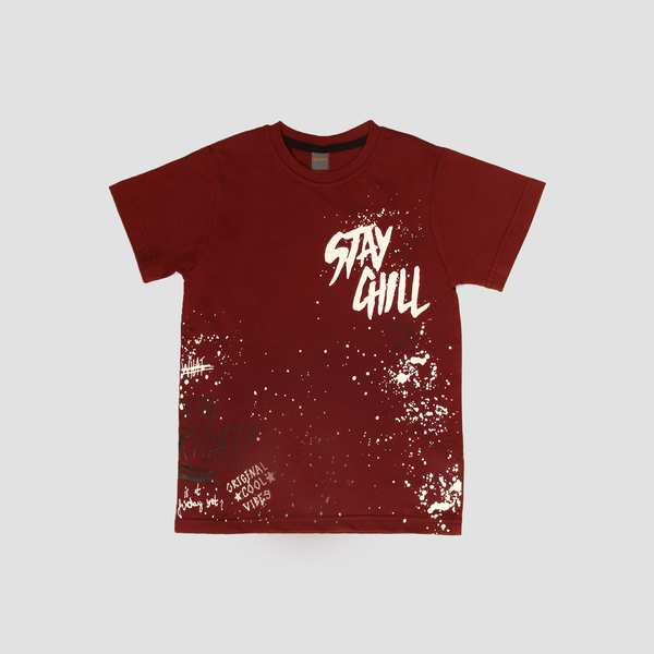 بلوز تک پسرانه یقه گرد stay chill زرشکی 6الی 15 سال بانی نو