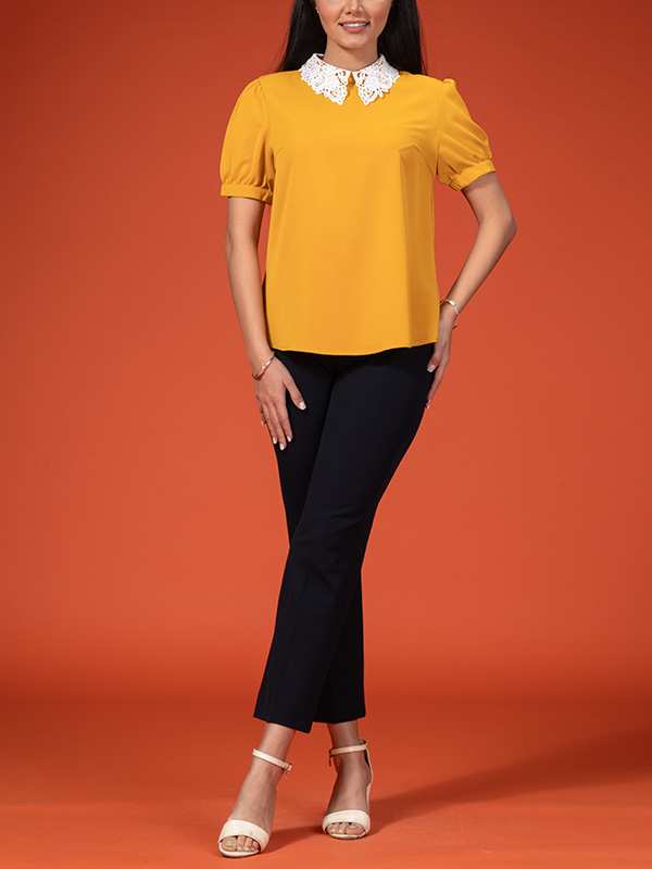 بلوز زنانه آستین کوتاه پفی الیزه یقه گیپور کلاسیک شارلوت برنس Bornos