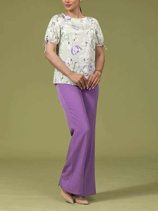 بلوز زنانه آستین پفی کوتاه کرپ ساتن یقه گرد کژوال کمند برنس Bornos