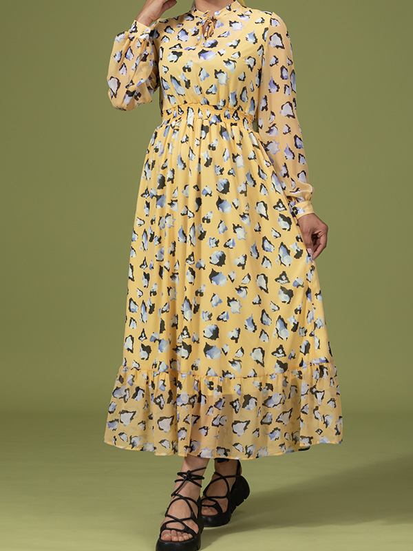 پیراهن زنانه کرپ حریر طرح دار آستر دار کمر کش ساحلی کژوال تیام برنس Bornos