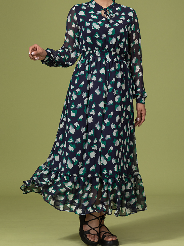 پیراهن زنانه کرپ حریر طرح دار آستر دار کمر کش ساحلی کژوال تیام برنس Bornos