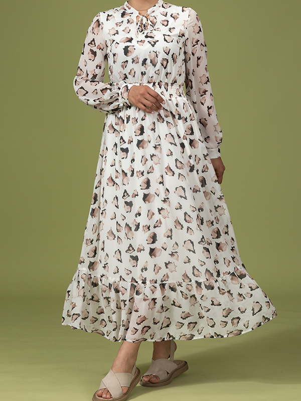 پیراهن زنانه کرپ حریر طرح دار آستر دار کمر کش ساحلی کژوال تیام برنس Bornos