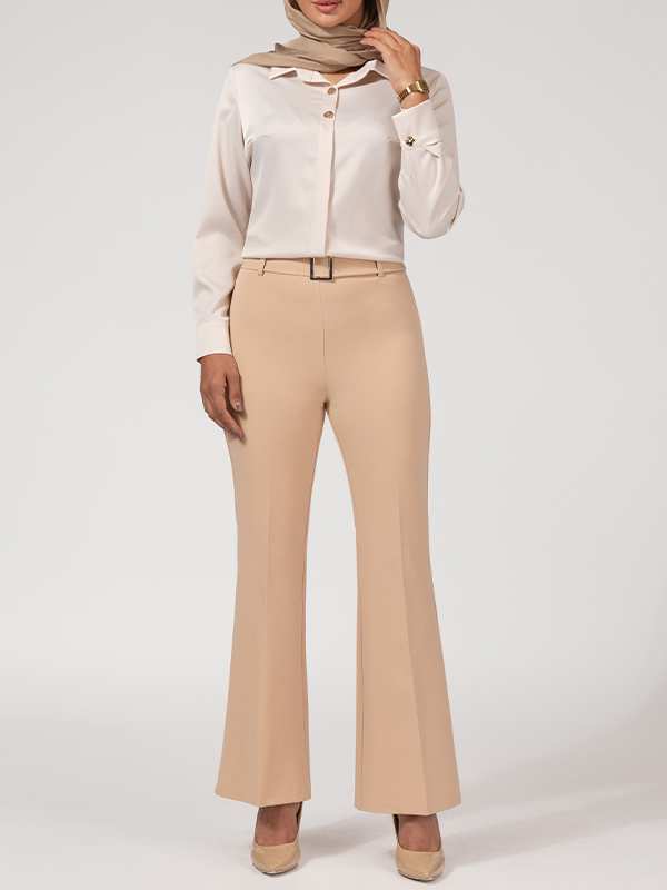 شلوار زنانه کرپ دمپا گشاد کلاسیک دارای کمربند 10104 برنس