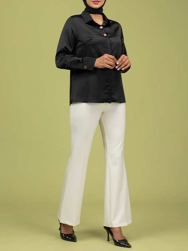 شومیز زنانه ساتن زارا آستین بلند درای دکمه تزیینی مهناز برنس