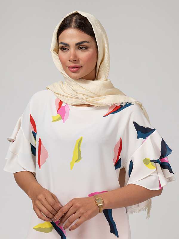 بلوز زنانه کرپ ژرژت سایز بزرگ آستین کلوش 40110 برنس