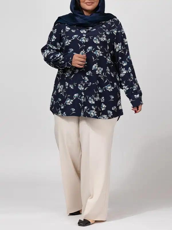 تونیک زنانه سایز بزرگ کرپ طرحدار آستین بلند 50103 برنس Bornos