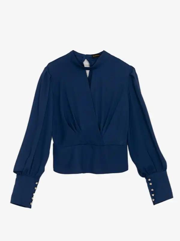 بلوز مجلسی زنانه کرپ حریر یقه چپ راستی آستین پفی 40106 برنس Bornos