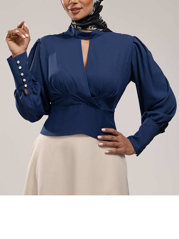 بلوز مجلسی زنانه کرپ حریر یقه چپ راستی آستین پفی 40106 برنس Bornos