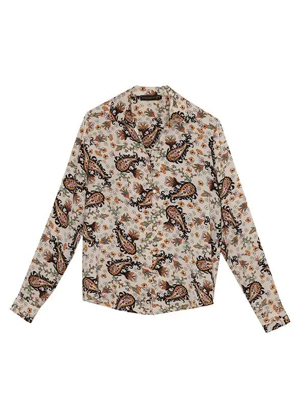 شومیز زنانه ساتن طرح دار یقه هفت آستین بلند 30109 برنس Bornos