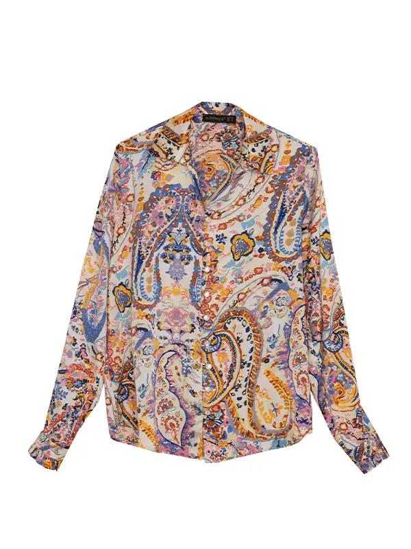 شومیز زنانه ساتن طرح دار یقه هفت آستین بلند 30109 برنس Bornos