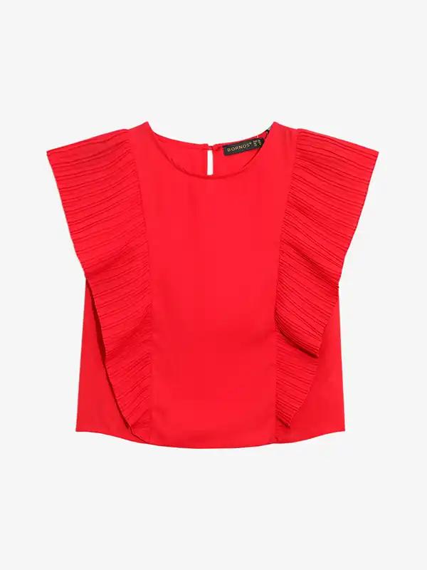 بلوز زنانه مجلسی یقه گرد کرپ حریر پلیسه ای چکاوک برنس Bornos