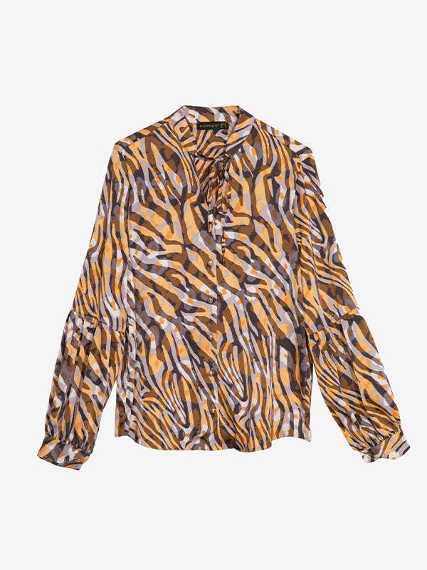 شومیز زنانه ساتن طرحدار مجلسی یقه گره ای 30108 برنس Bornos