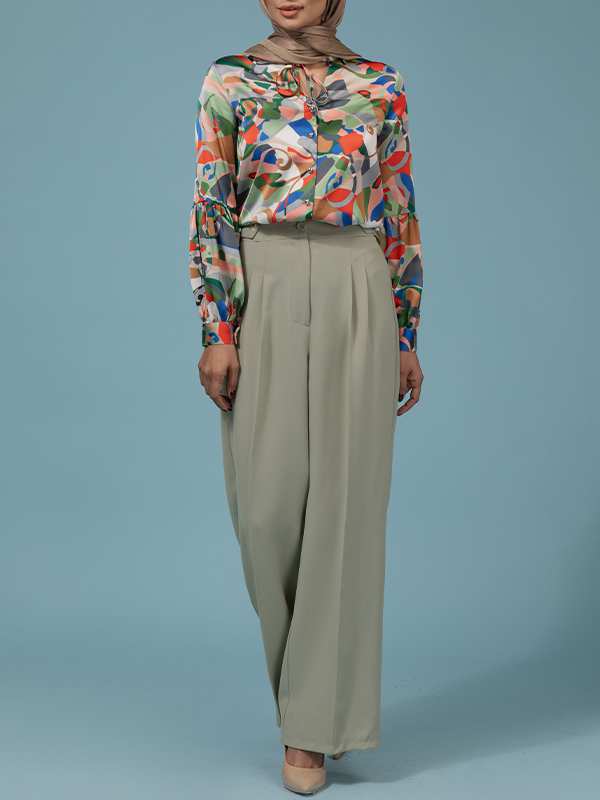 شومیز زنانه ساتن طرحدار مجلسی یقه گره ای 30108 برنس