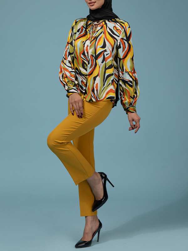 شومیز زنانه ساتن طرحدار مجلسی یقه گره ای 30108 برنس Bornos