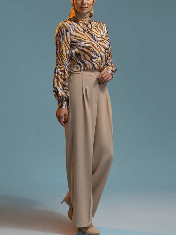 شومیز زنانه ساتن طرحدار مجلسی یقه گره ای 30108 برنس Bornos