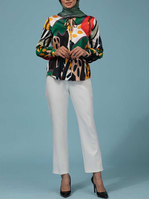 شومیز زنانه ساتن طرحدار مجلسی یقه گره ای 30108 برنس Bornos