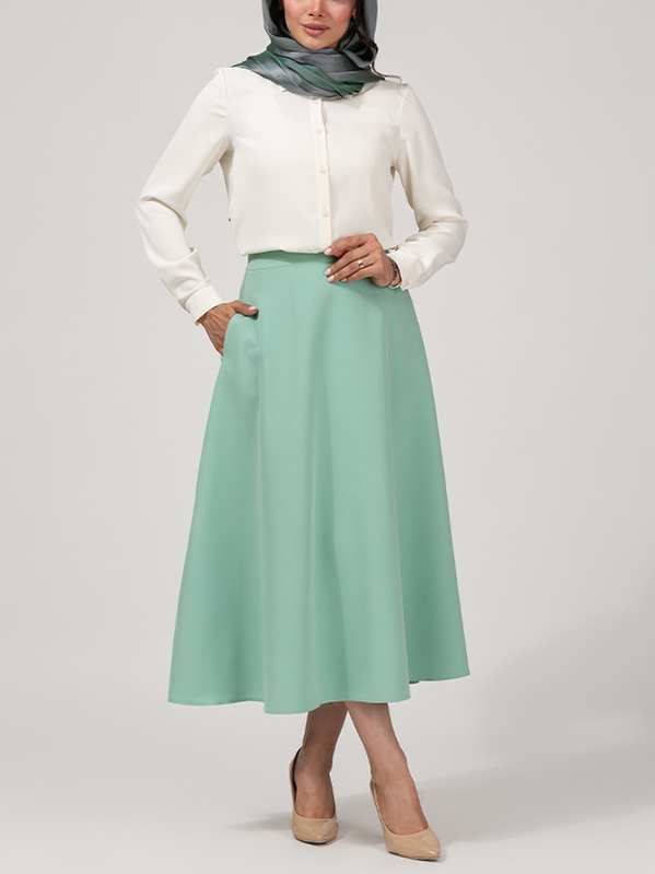 دامن زنانه میدی نیم کلوش جیب دار کرپ 20110 برنس Bornos