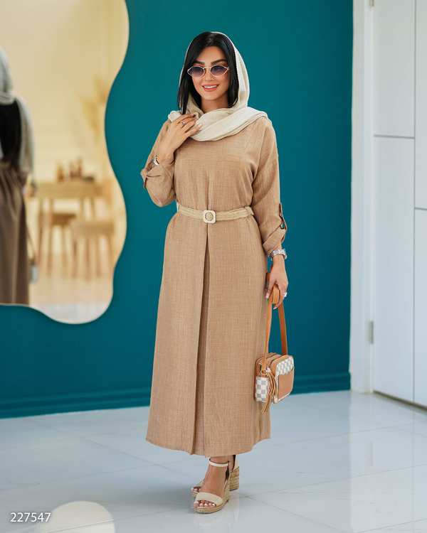 کفتان بلند زنانه نسکافه ای مدل کمربند دار آوازالسانا Elsana کد2275