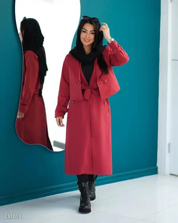 ست بارانی کت و سارافون زنانه زرشکی مدل مینلالسانا Elsana کد2310