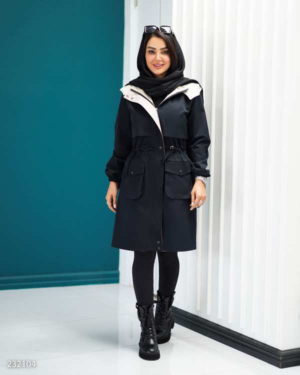 بارانی بلند زنانه سرمه ای کرم مدل مهزین السانا Elsana کد 2321