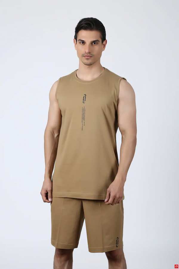 ست تاپ حلقه ای و شلوارک مردانه کرم تیره جی پی ای JPA کد 02327