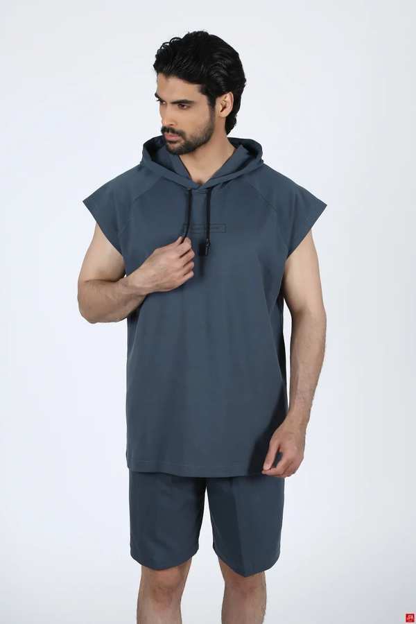 ست تاپ حلقه ای و شلوارک مردانه آبی طوسی جی پی ای JPA کد 02357