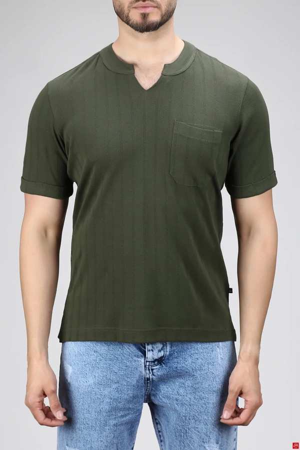 تی شرت مردانه یقه کوبایی اسلیم سبز تیره جی پی ای JPA کد 02425
