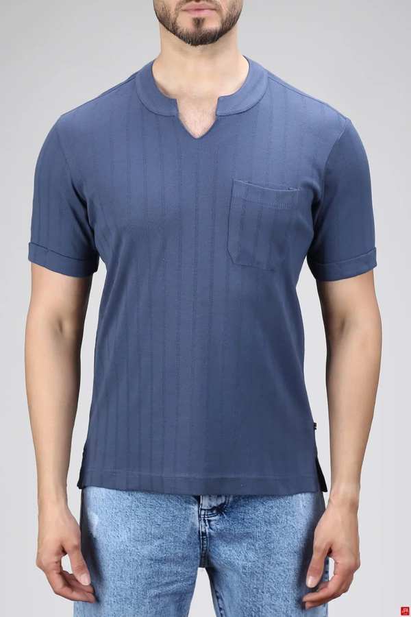 تی شرت مردانه یقه کوبایی اسلیم آبی تیره جی پی ای JPA کد 02425