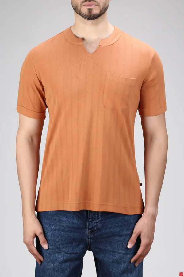 تی شرت مردانه یقه کوبایی اسلیم آجری جی پی ای JPA کد 02425