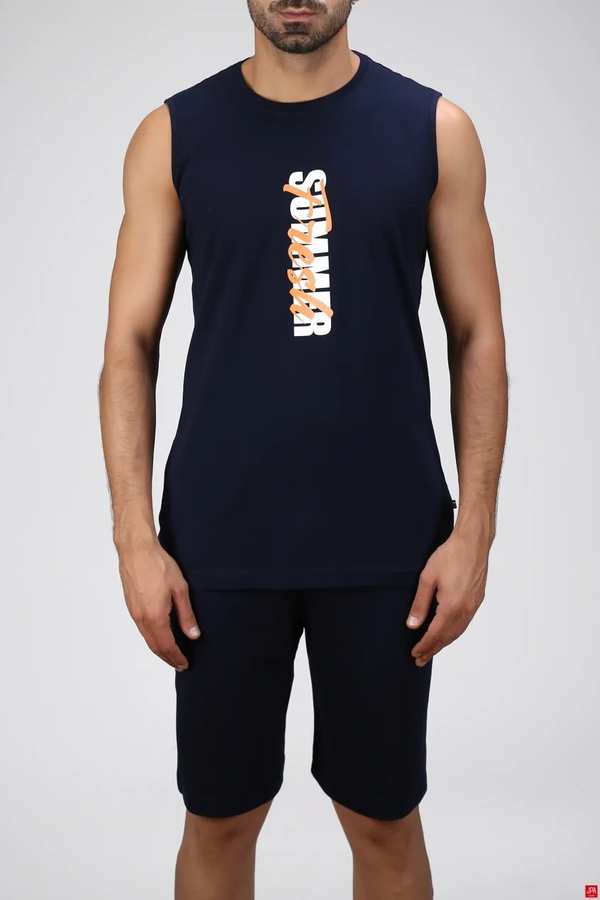 ست تاپ حلقه ای و شلوارک مردانه سرمه ای جی پی ای JPA کد 02459