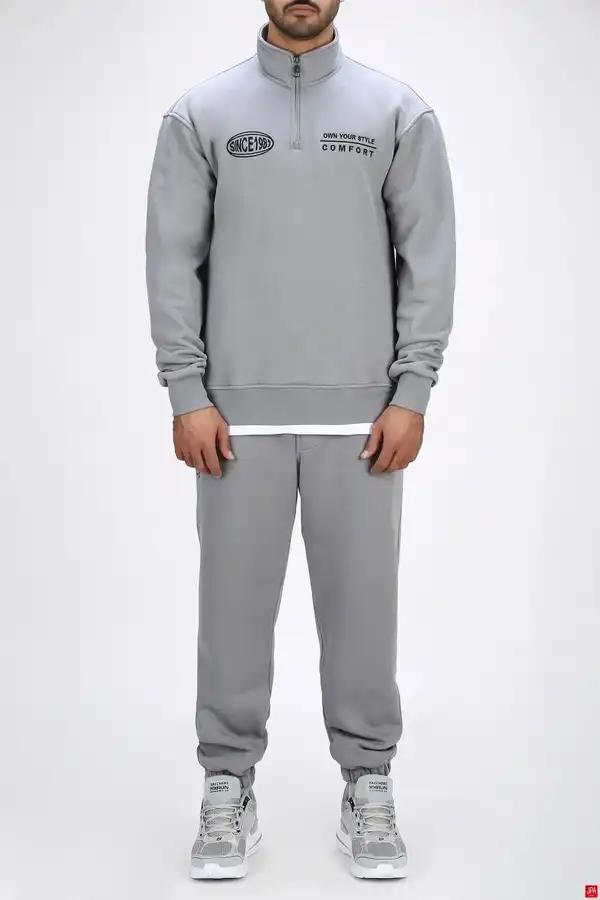 ست بلوز و شلوار مردانه نیم زیپ رگولار طوسی روشن جی پی ای JPA کد 04046