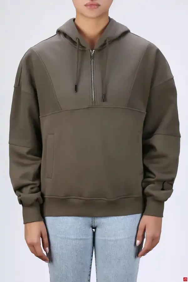 هودی زنانه کلاهدار نیم زیپ سبز تیره جی پی ای JPA کد 04153