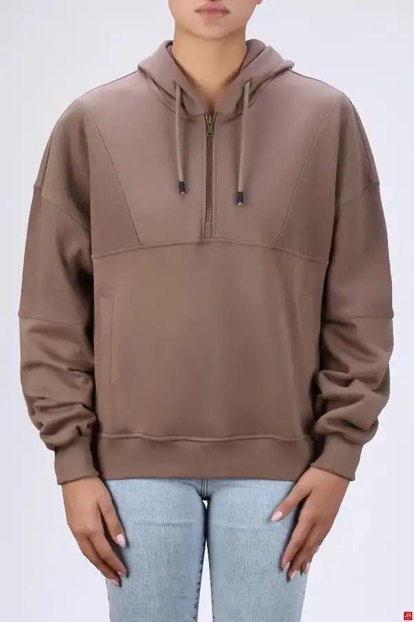 هودی زنانه کلاهدار نیم زیپ قهوه ای روشن جی پی ای JPA کد 04153