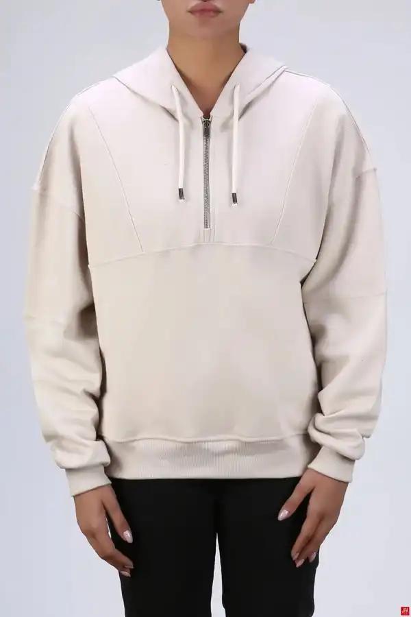 هودی زنانه کلاهدار نیم زیپ کرم روشن جی پی ای JPA کد 04153