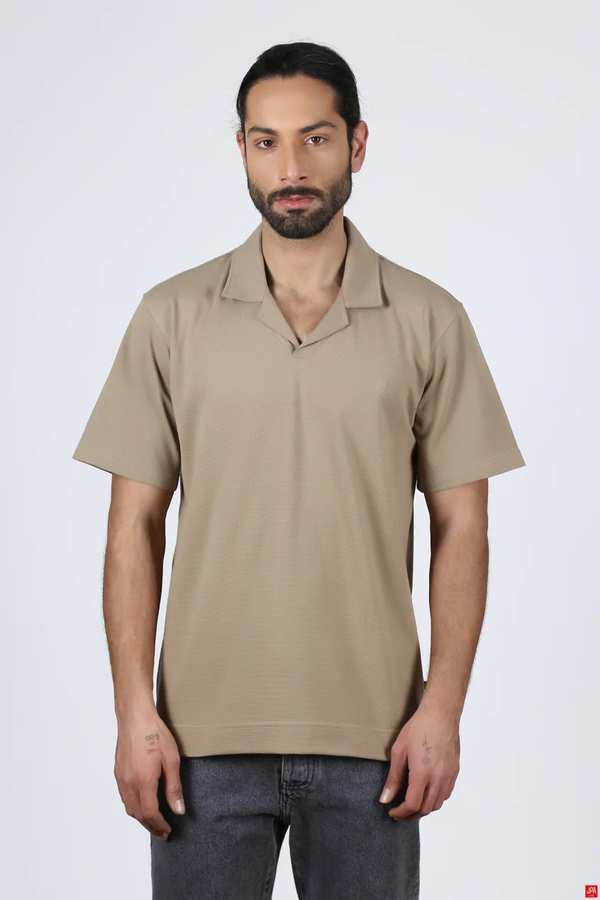 تی شرت مردانه یقه انگلیسی قهوه ای روشن جی پی ای JPA کد 02325