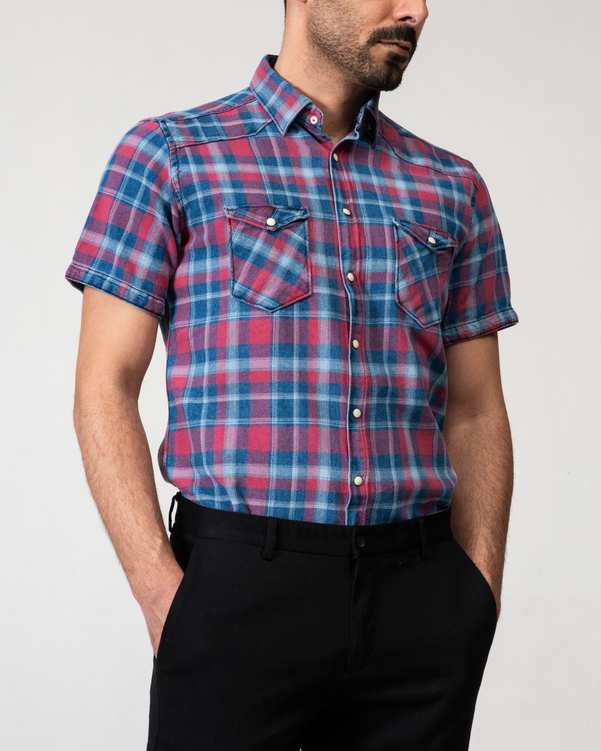 ​پیراهن مردانه جین آستین کوتاه قرمز آبی چهارخانه Ebra