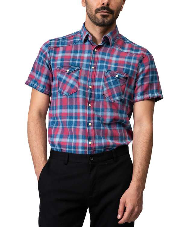 ​پیراهن مردانه جین آستین کوتاه قرمز آبی چهارخانه Ebra