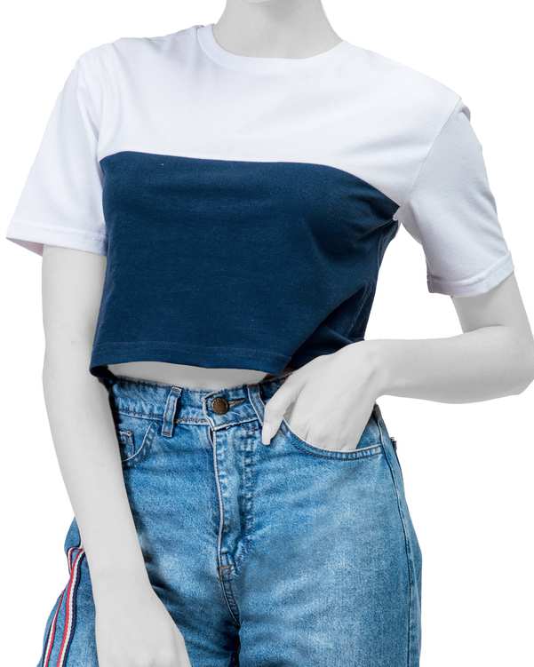تی شرت زنانه کوتاه نخی یقه گرد سفید سرمه ای Sora  ?>