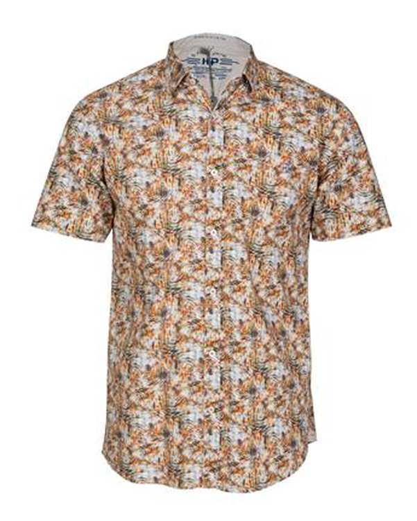 پیراهن مردانه آستین کوتاه نخی سفید نارنجی هاوایی اچ پلاس