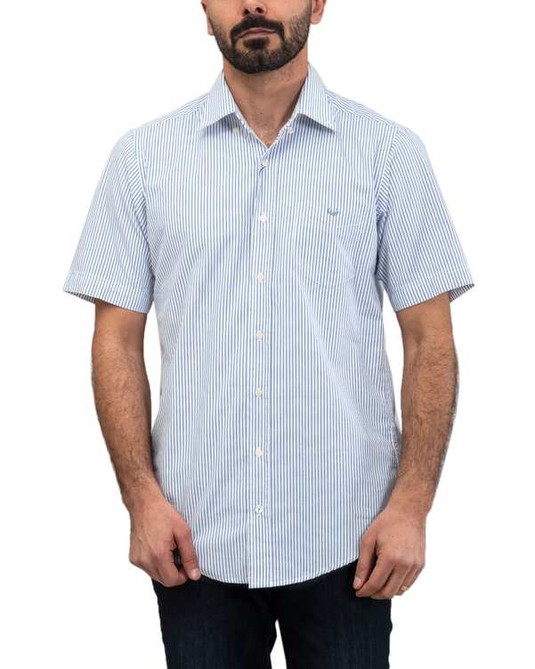 پیراهن مردانه آستین کوتاه سفید آبی راه راه اگزیتکس