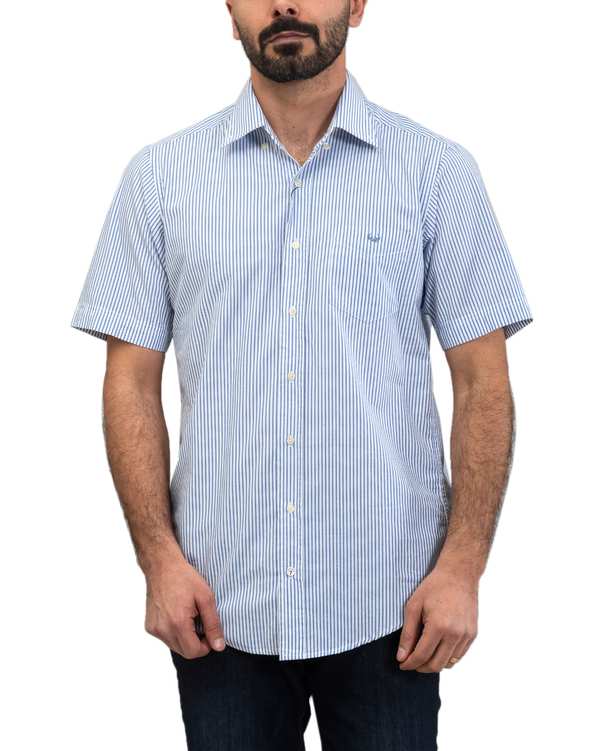 پیراهن مردانه آستین کوتاه سفید آبی راه راه اگزیتکس