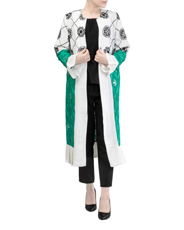 مانتو زنانه بلند آینه دوزی سفید سبز یونیک اخوان