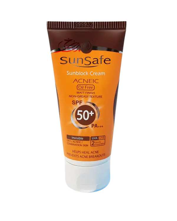 کرم ضد آفتاب SPF50 فاقد چربی سان سیف Sun Safe مدل Acneic بی رنگ