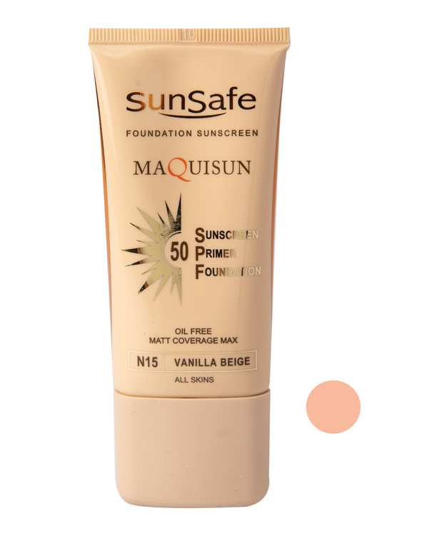 کرم ضد آفتاب کرم پودری و پرایمری SPF50 مات سان سیف Sun Safe مدل Maquisun بژ وانیلی