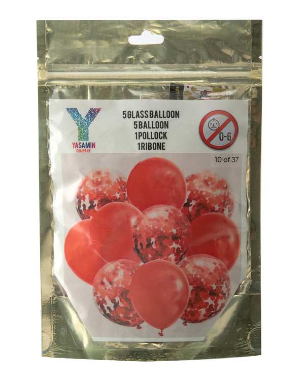 بادکنک قرمز یاسمین Yasmin طرح شیشه ای پولکی و کروم سوپر پلاس بسته 10 عددی
