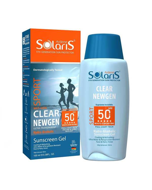 ژل هیدرو ااکلی ضد آفتاب بی رنگ SPF50 آردن سولاریس Arden Solaris مدلClear Newgen مناسب پوست دارای جوش 100ml